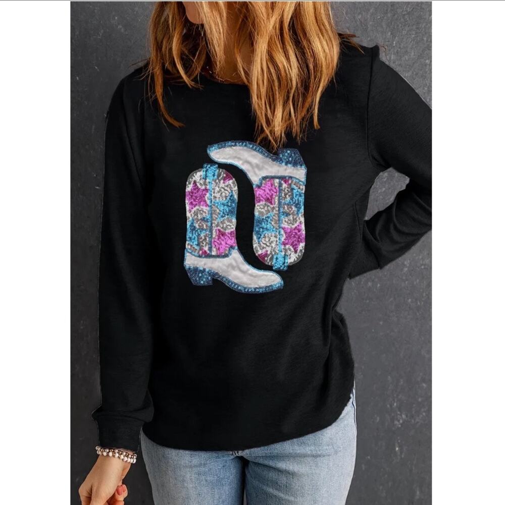 Boutique Sequin Cowboy Boot Black Long Sleeve Knit Top Size M